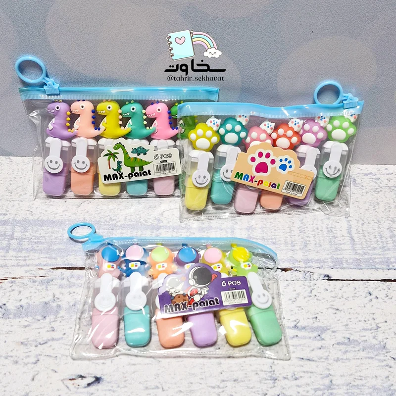 هایلایتر فانتزی ۶رنگ سرسیلیکونی کوتاه(طرح جور)۱۲ بسته ای